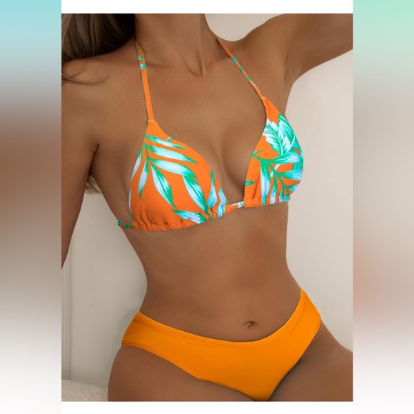 SHENHE Women's 3 Piece Swimsuit Leaf Print Halter Drawstring Side Bikini Set wi - Picture 5 of 7